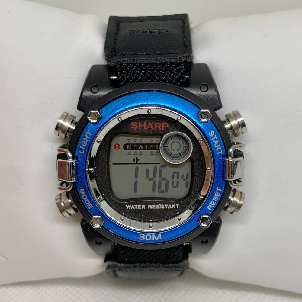 Kids Sharp digital watch 30MWR blue black tone quartz 38mm up to 6” running